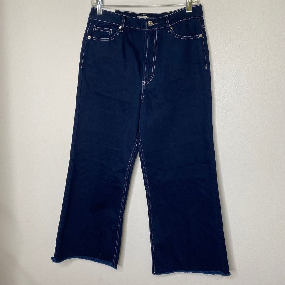 FOREVER 21 DENIM BLUE  HI WAISTED WIDE CROP BAGGY FLARE JEANS SIZE 27 NEW WITH T